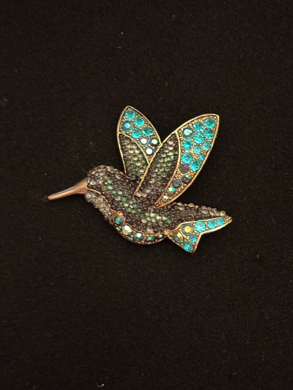 Vintage Liz Claiborne Gold Hummingbird Brooch Teal Rhinestones & Black Beads